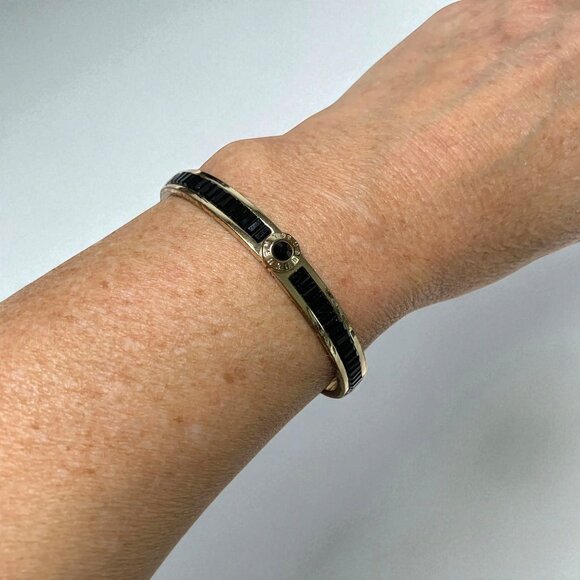 Henri Bendel Gold-Tone Hinged Bangle Black Enamel & Center Stone Accent - Picture 2 of 5